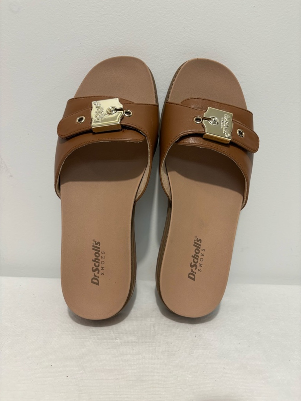 Dr. Scholl's Tan Slide Mules with Gold Buckle Detail